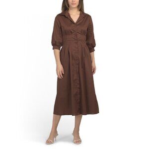 BLUE NAVY Chocolate Made In Italy Three-quarter Sleeve Pleated Waist Maxi Dress